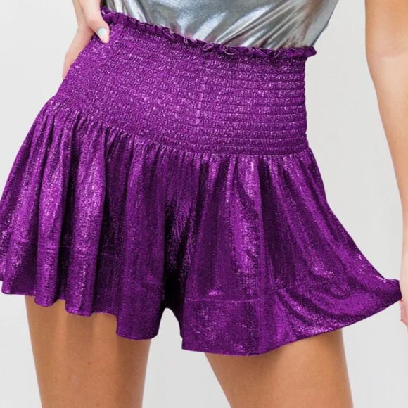 PANTS STORE Shorts LSU GAME DAY Purple Shimmer Women's Medium Smocked & Flowy - Picture 1 of 8
